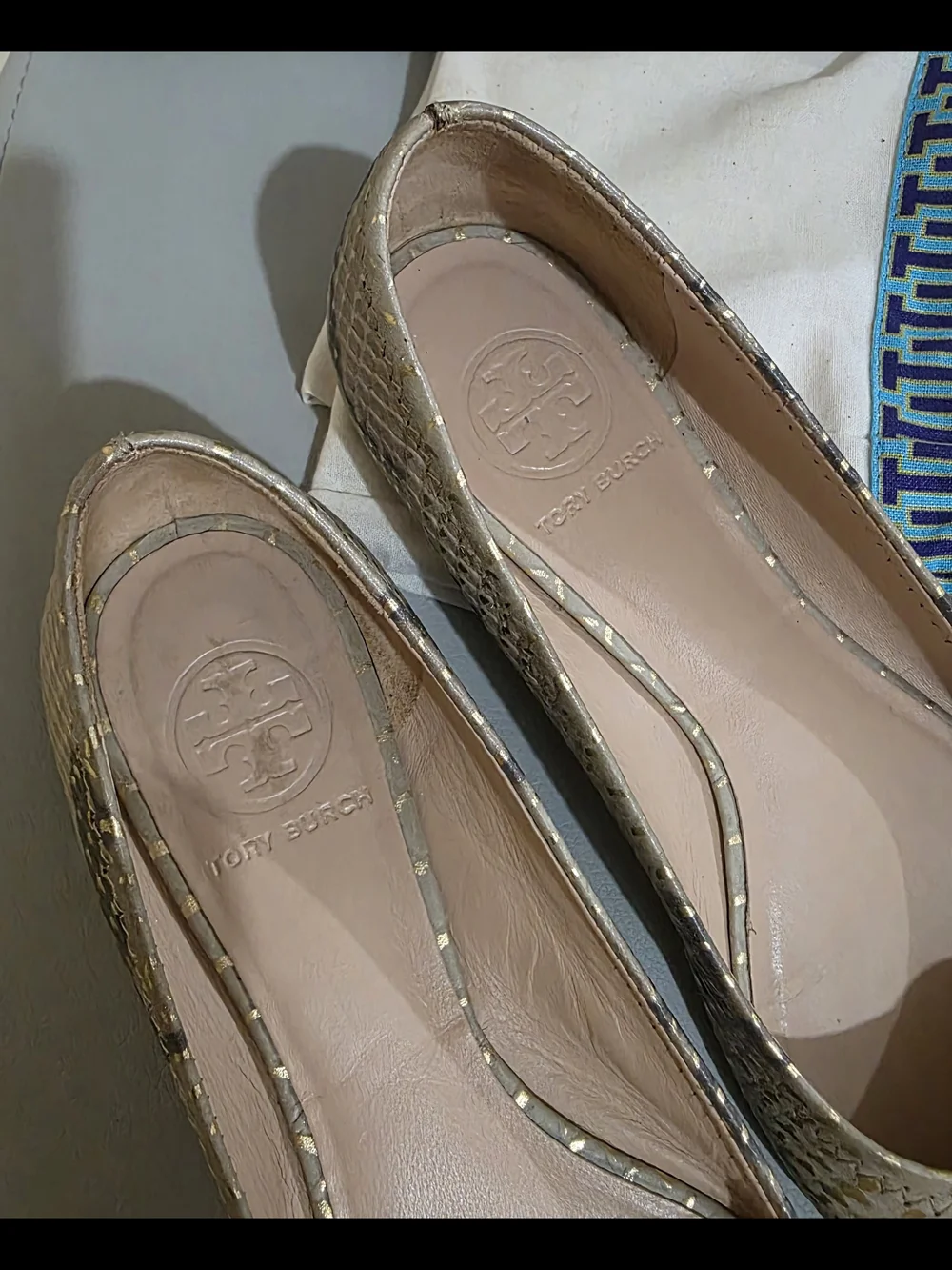 Tory Burch Metallic Gold Snake Print Ballet Flats Size 6.5